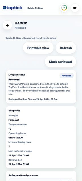 TapTick HACCP plan screen