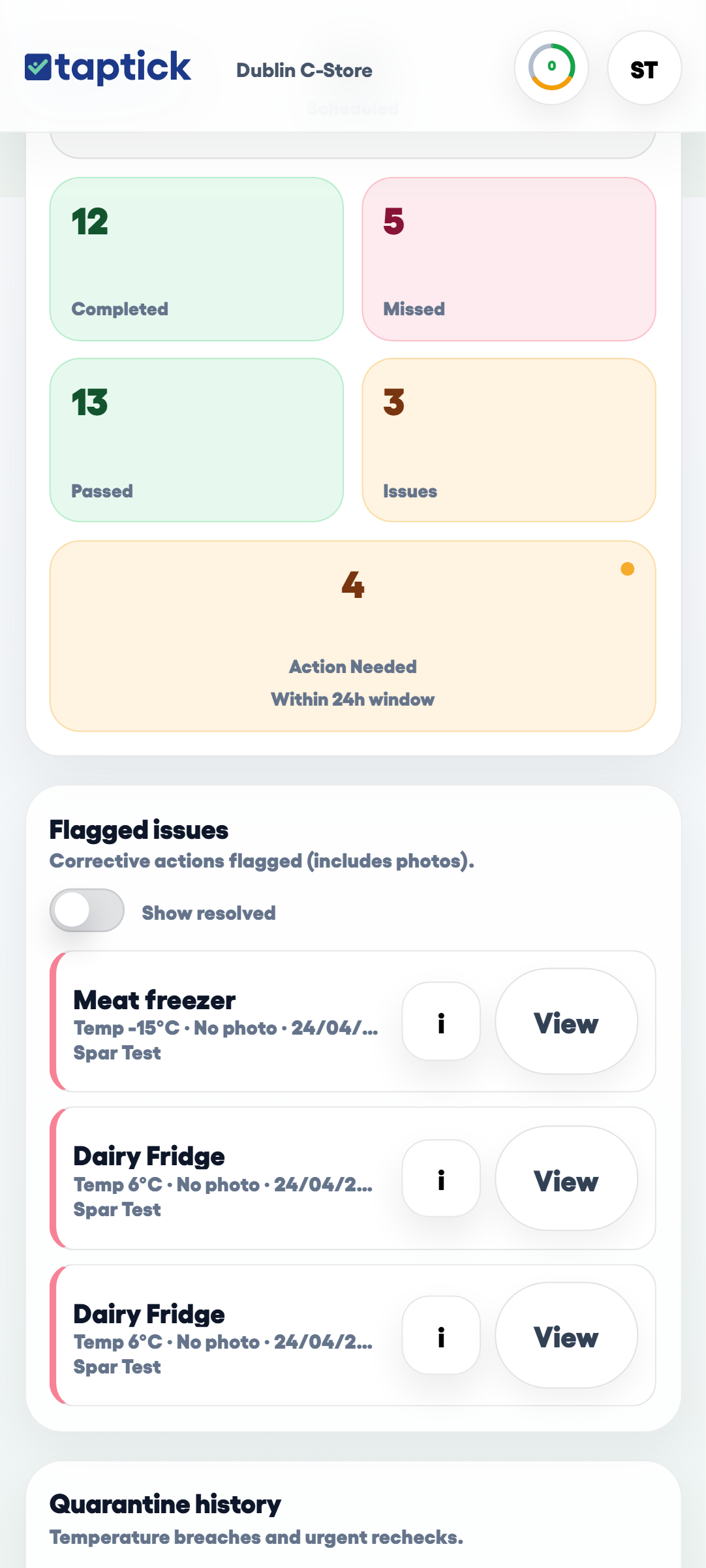 TapTick manager oversight screen